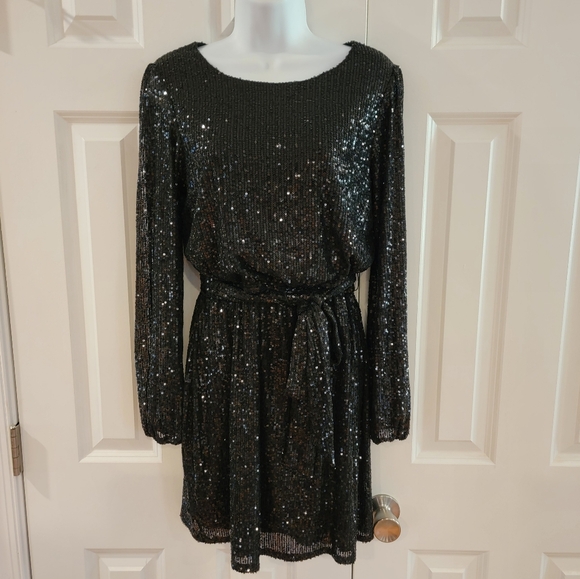 Crystal Sky Dresses & Skirts - Crystal Sky Black Sparkle Long‎ Sleeve Mini Dress Size Medium NWT